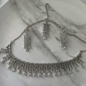 AD Silver Necklace Tikka Set